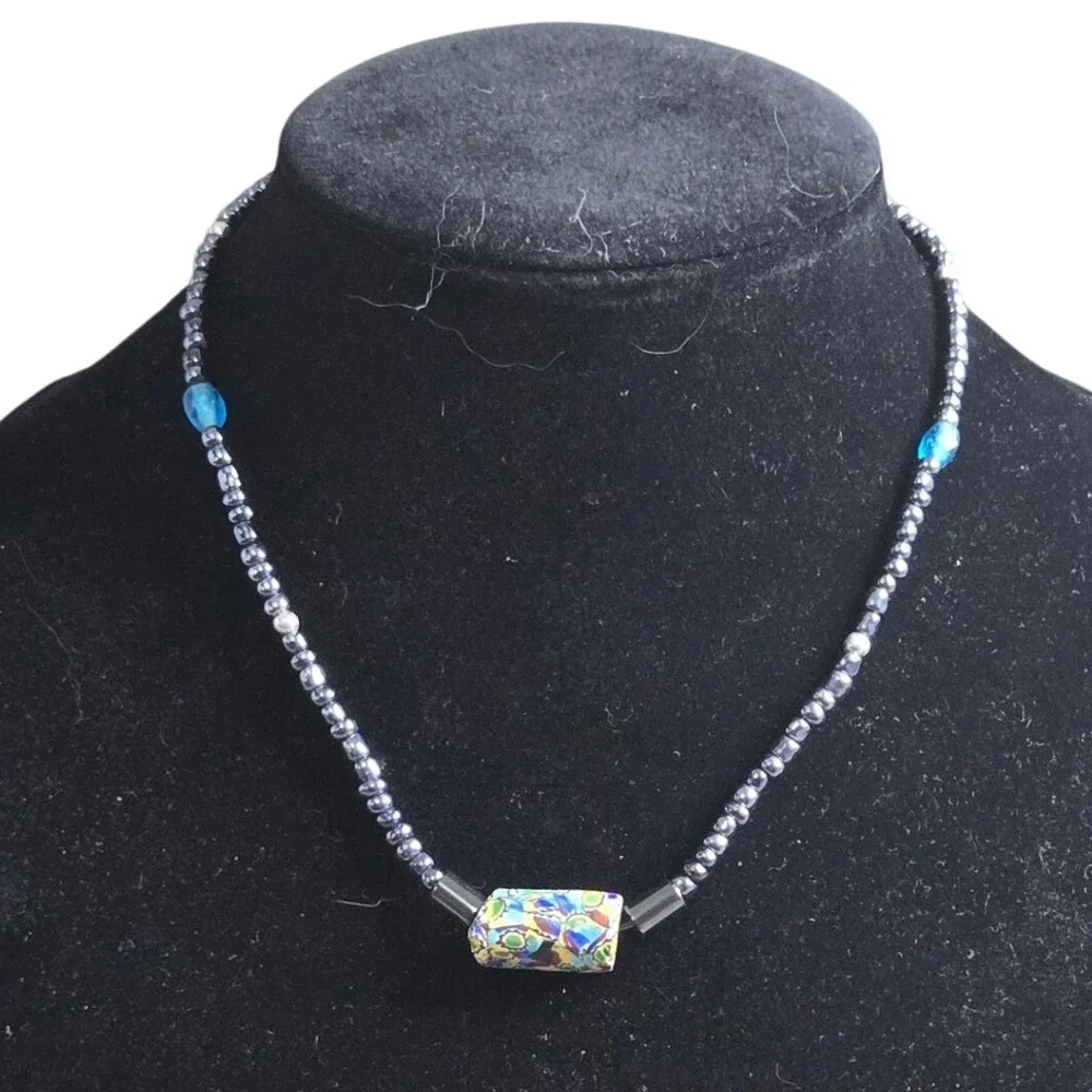 Vintage Millefiori Murano Glass‎ Barrel Bead Necklace Hematite Tone Beaded 17